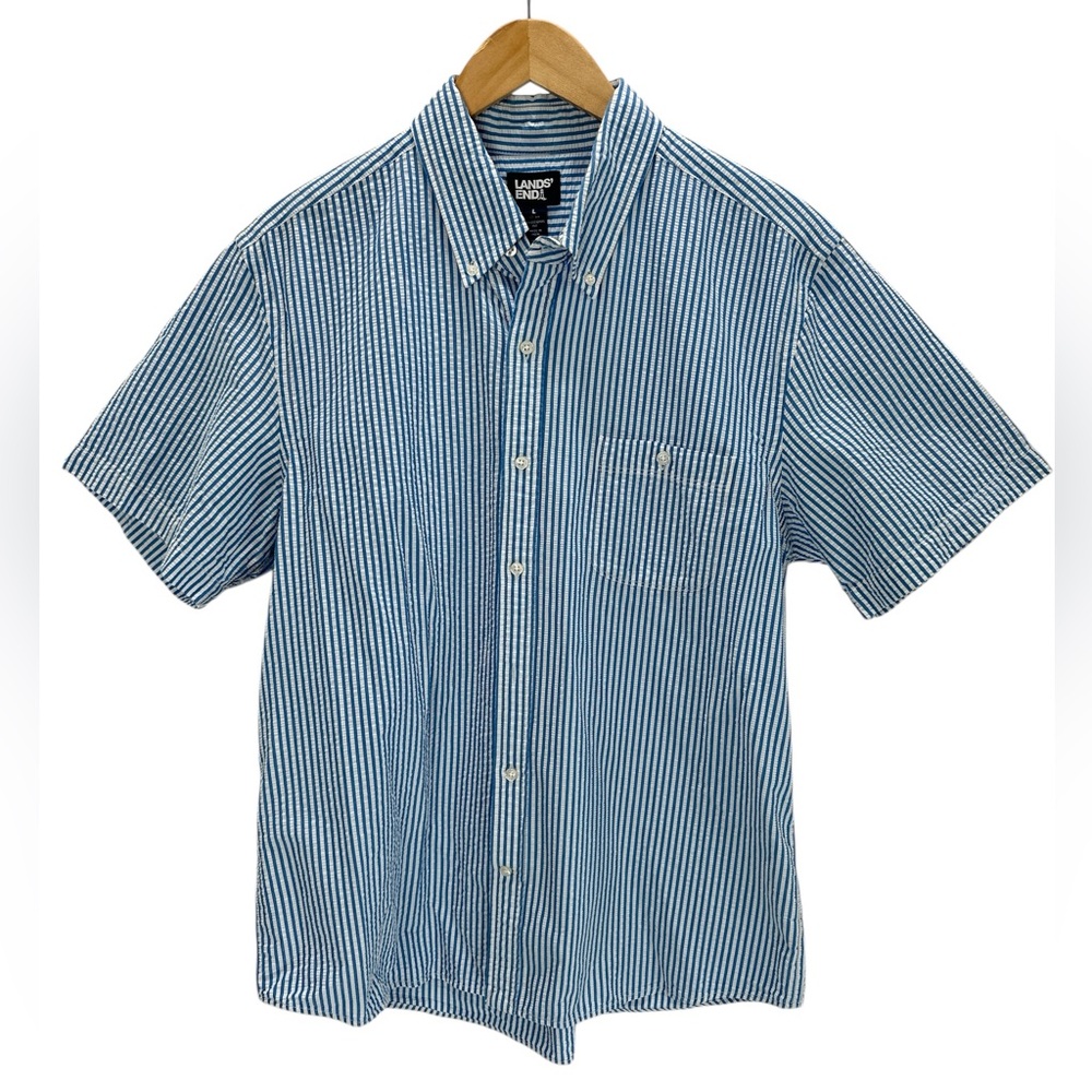 Lands End Seersucker Shirt Traditional Fit Cotton Blue Stripe Preppy Summer L